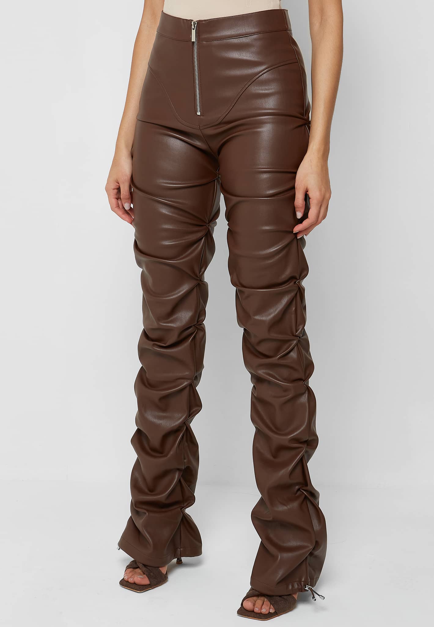 Tacked Vegan Leather Flared Trousers - Chocolate Brown | Manière De Voir