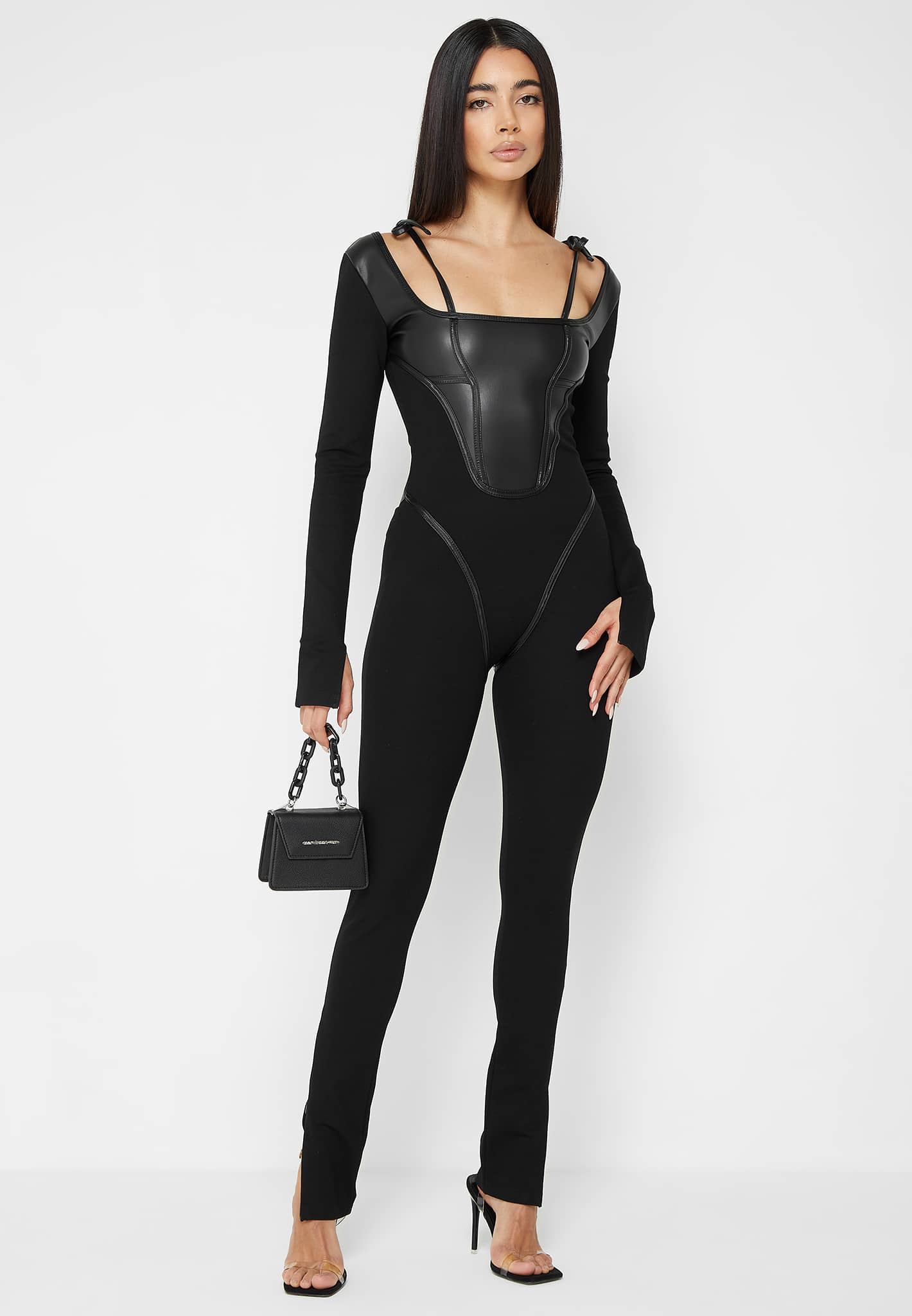 Spliced Openwork Slit Ankle Corset Jumpsuit - ShopperBoard