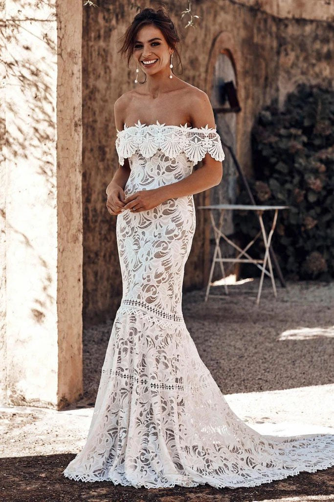 Buy Elegant Off The Shoulder Ivory Lace Mermaid Beach Wedding