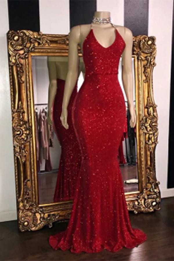 red sequin halter dress