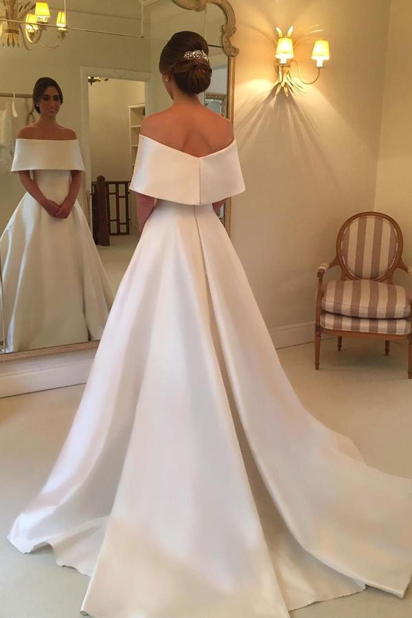 Buy Simple Satin A Line Off The Shoulder Ivory Cheap Bridal Gown