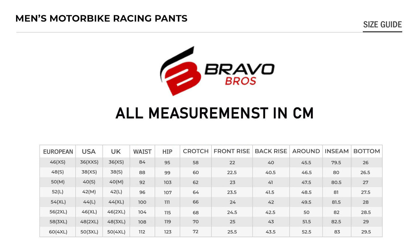 Motorcycle Leather Pant size guide