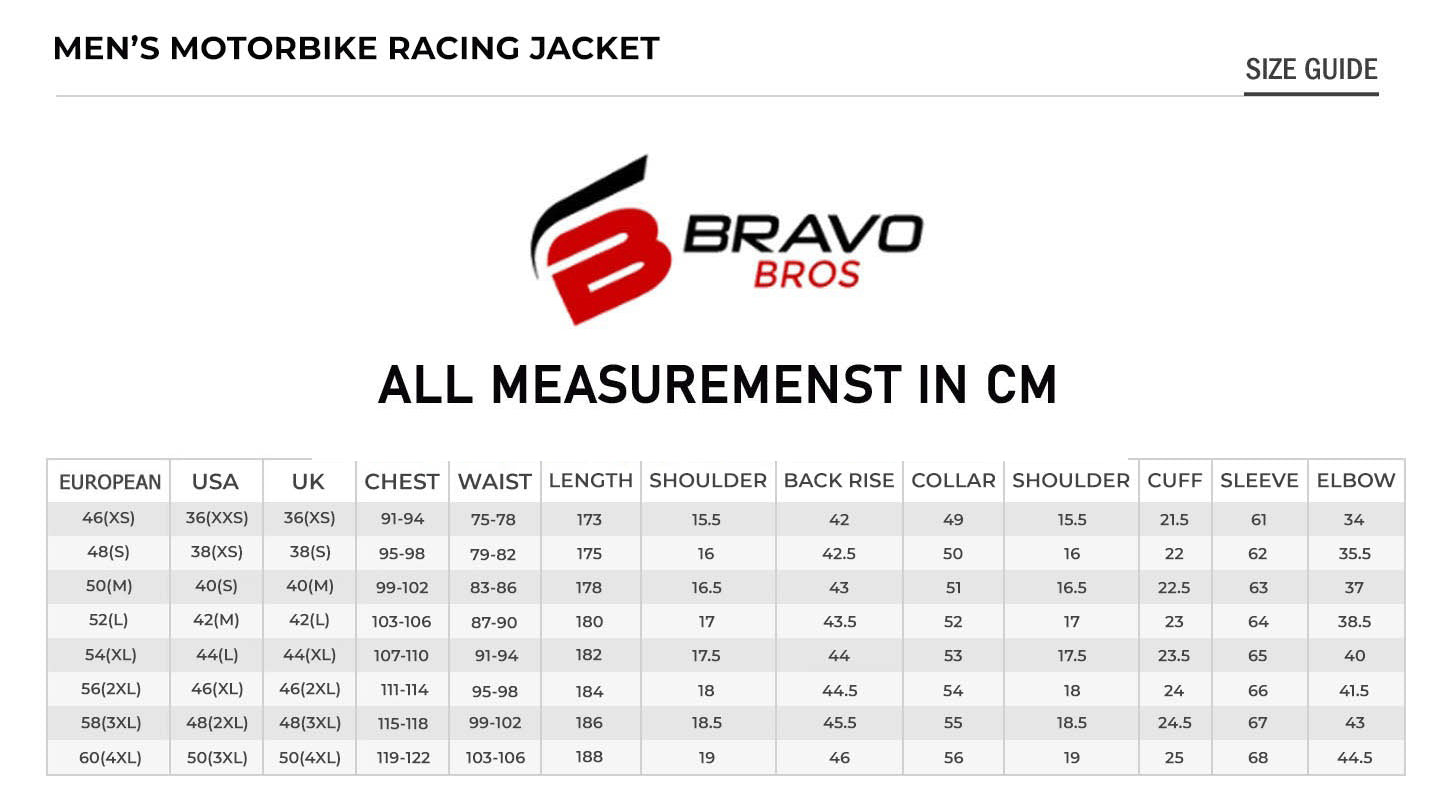 Motorcycle Racing Jacket size chart