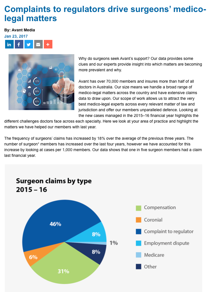 Complaints to regulators drive surgeons’ medico-legal matters