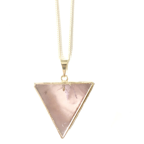 Gold plated rose quartz triangle necklace