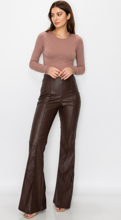 Women Faux Leather Pu Pants Split Front Elastic High Waist Flare