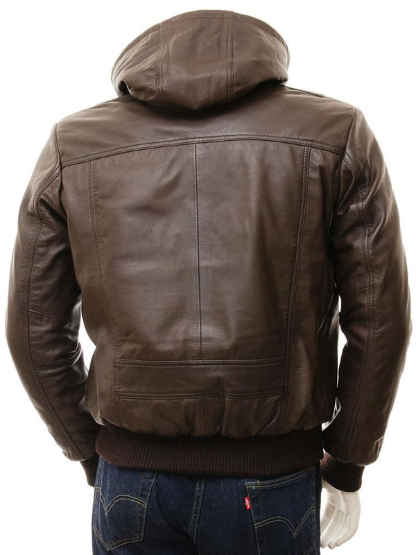 Mens Corbin Brown Removable Hooded Leather Jacket - Shopperfiesta