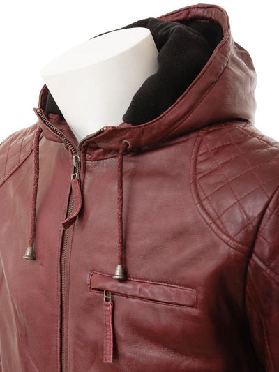 red leather jacket with hood