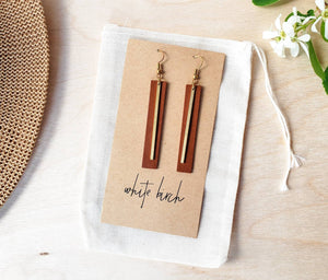Brown Rectangular Bar Leather Earrings with Thin Brass Bar Accent