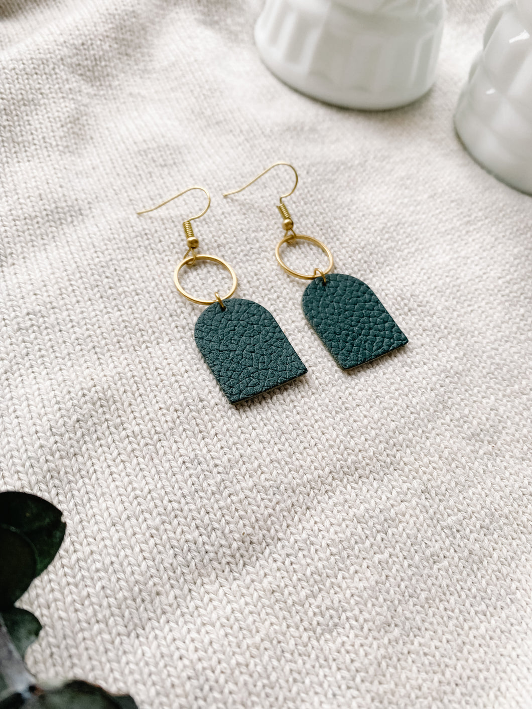 Dark Green Leather with Brass Circle Earrings 