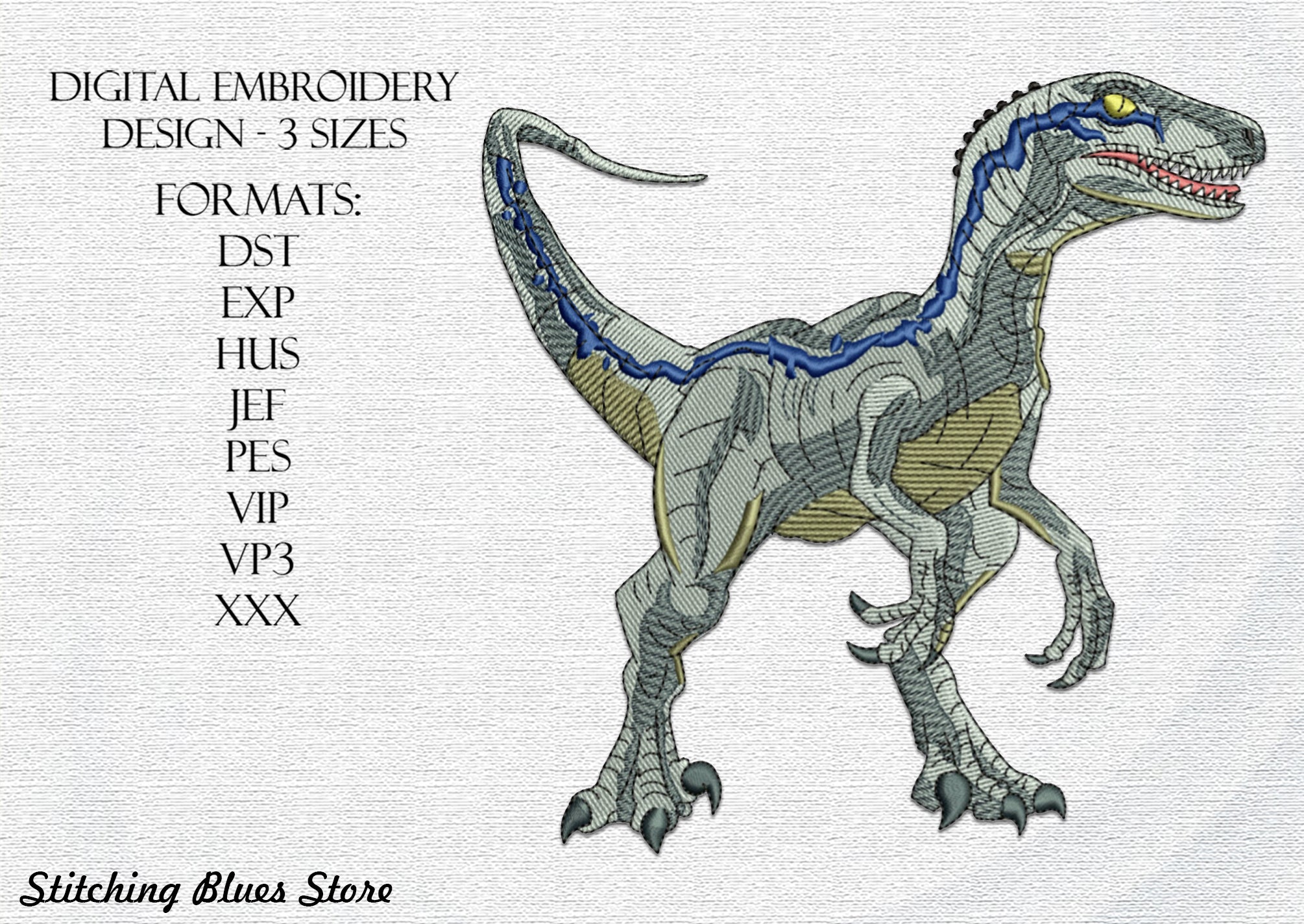 Blue Velociraptor Machine Embroidery Design Jurassic Park Stitching Blues