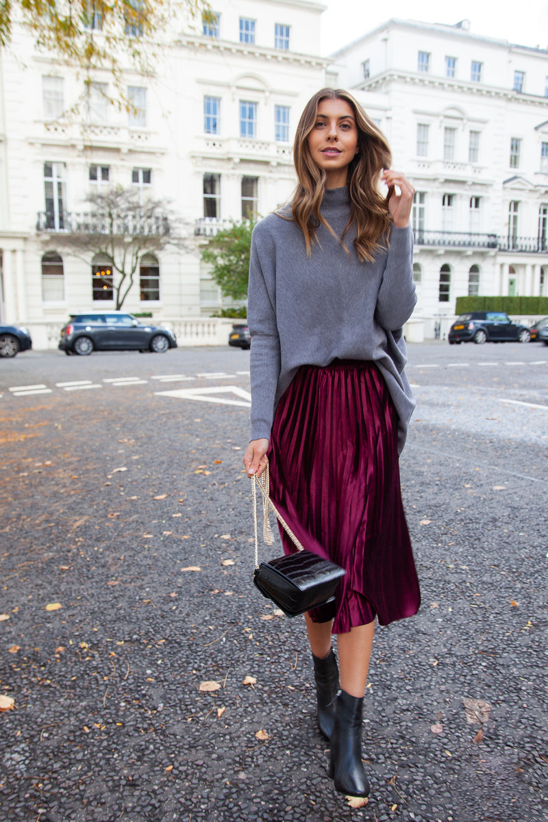 Burgundy Velvet Pleated Midi Skirt – Styled In London