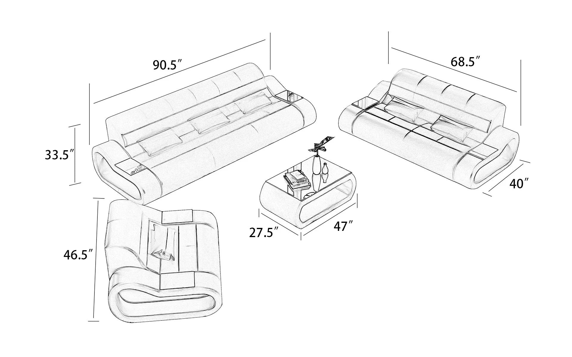 Contemporary Catina Leather Sofa Set Enhanced with LED Lighting