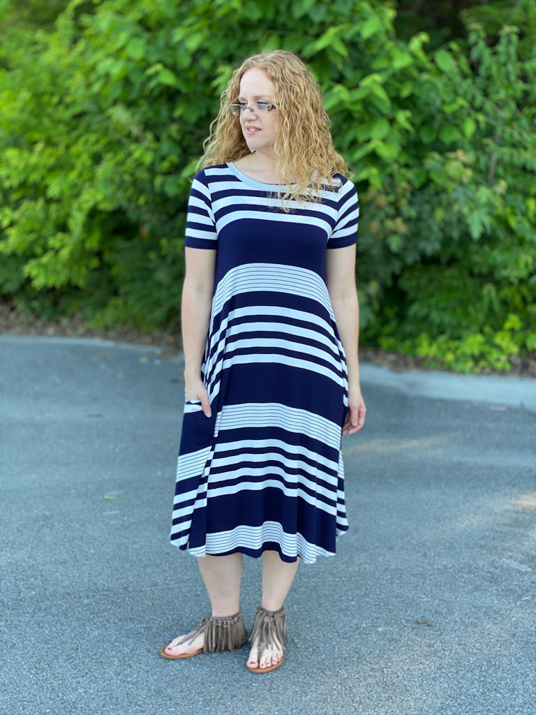 navy striped midi dress