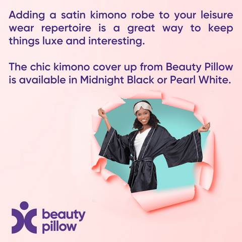 Shop the Silk-Sating Kimono Style Dressing Gown from Beauty Pillow, available in Midnight Black and Pearl White