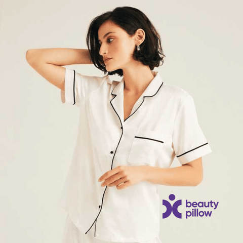 Stylish white Silk Pajama Set from the House of Silk x Beauty Pillow Collab