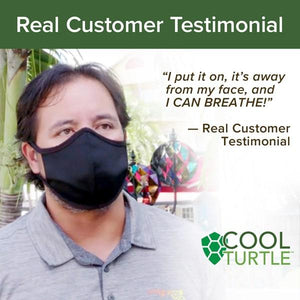 Man wearing black face mask. Text says "Real Customer Testimonial. "I put it on, it's away from my face, and I can breathe!" - Real Customer Testimonial"
