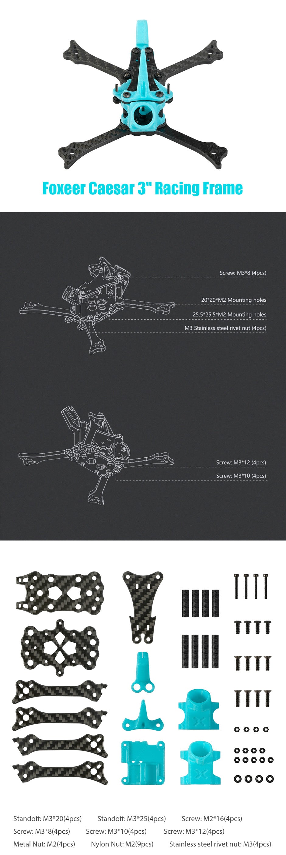 A body image of the Foxeer Caesar 3" Racing Frame, including a packing list.