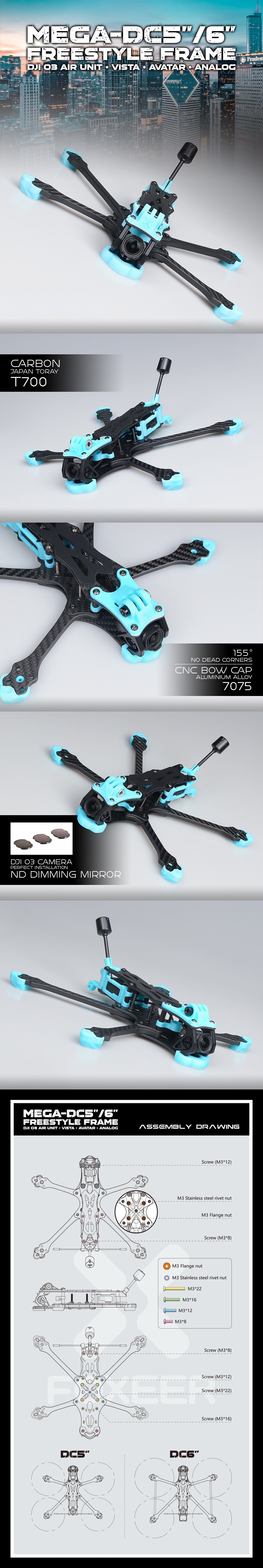 A product body image of the Foxeer Mega 5/6" DC Frame, including product diagrams