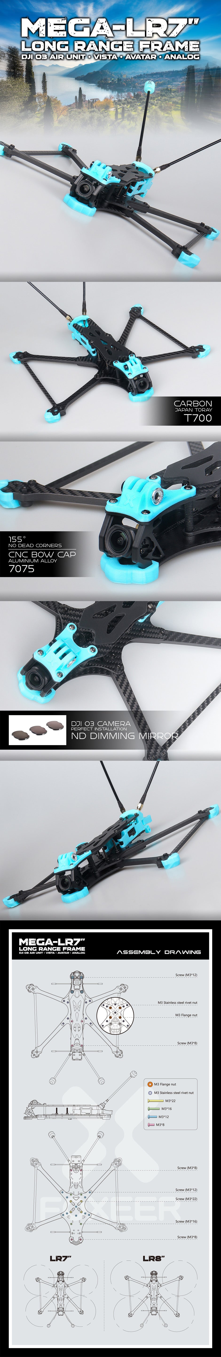 A body image of the Foxeer MEGA 7" DC Frame, including product diagrams.