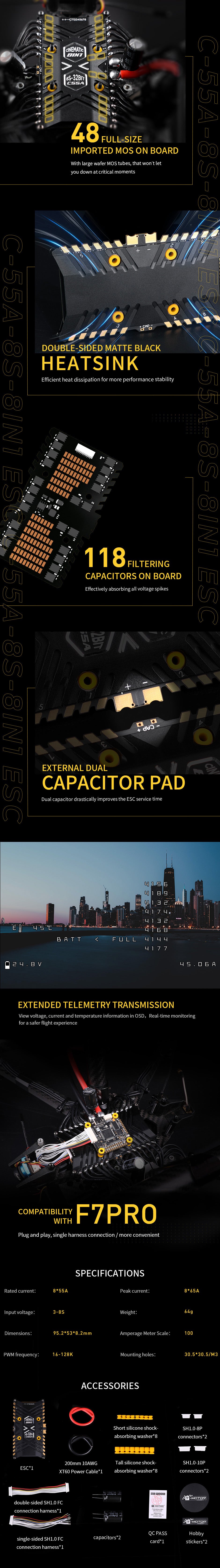 A description and specification of the T-Motor Cine55A 8S 8IN1 ESC