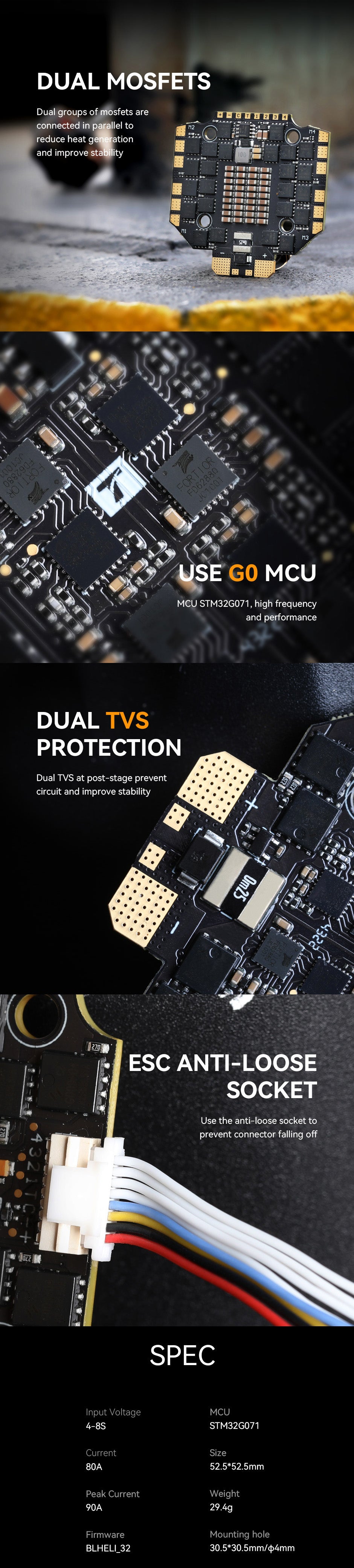 A description and specification of the T-motor Cine 80A 8S 4IN1 ESC