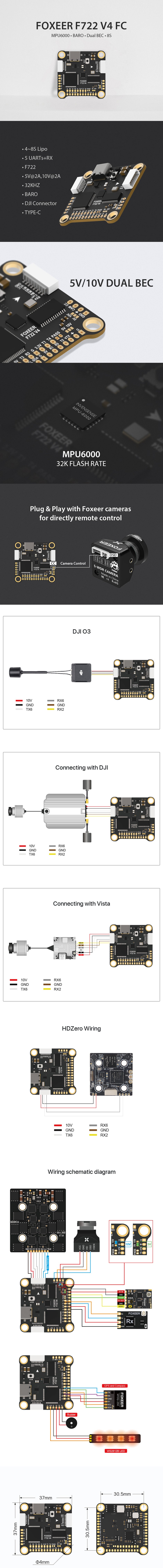 A body image of the Foxeer F722 V4 MPU6000 including a product diagram