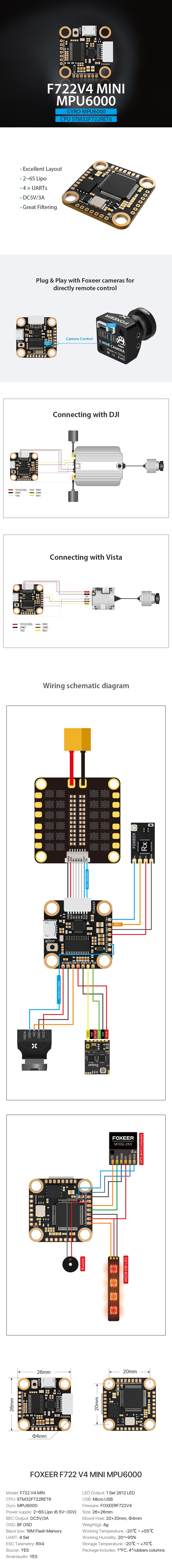 A body of the Foxeer F722 V4 Mini Flight Controller including a product diagram