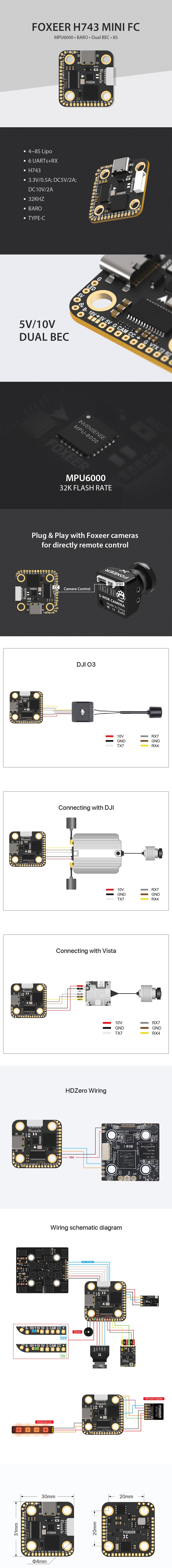 A body image of the Foxeer H7 Mini Flight Controller, product diagram included