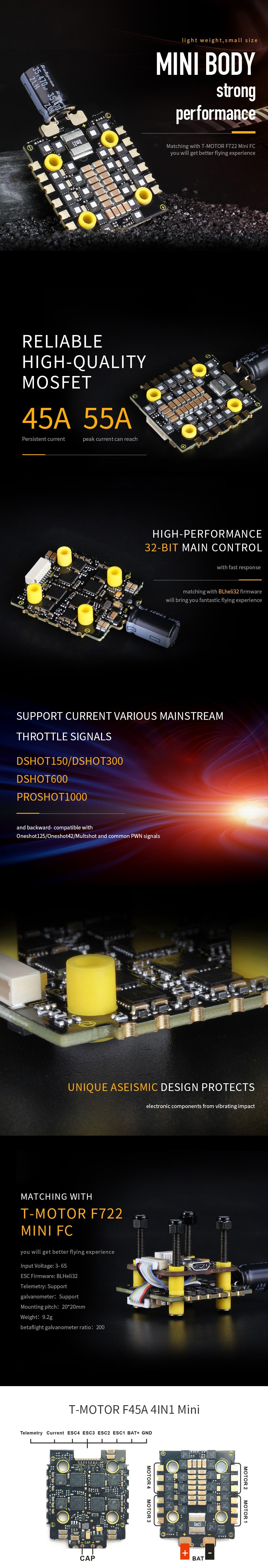 A description and specification of the T-Motor Mini F45A 8S 4IN1 ESC