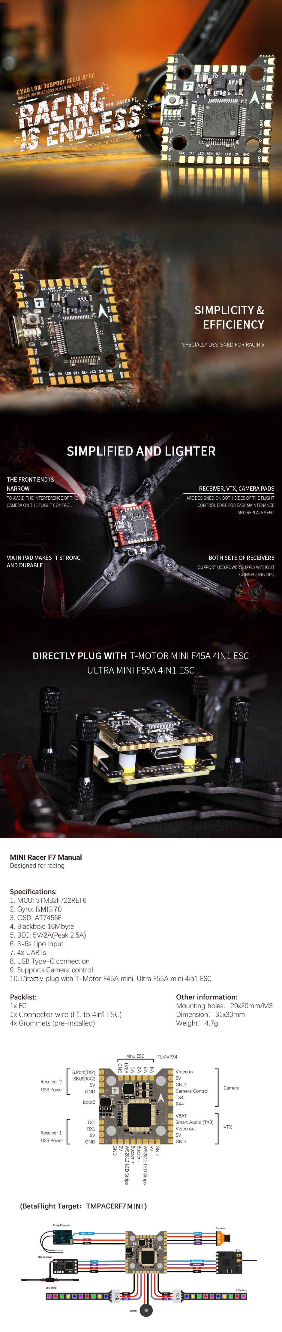 A description and specification of the T-Motor Mini racer F7 flight controller
