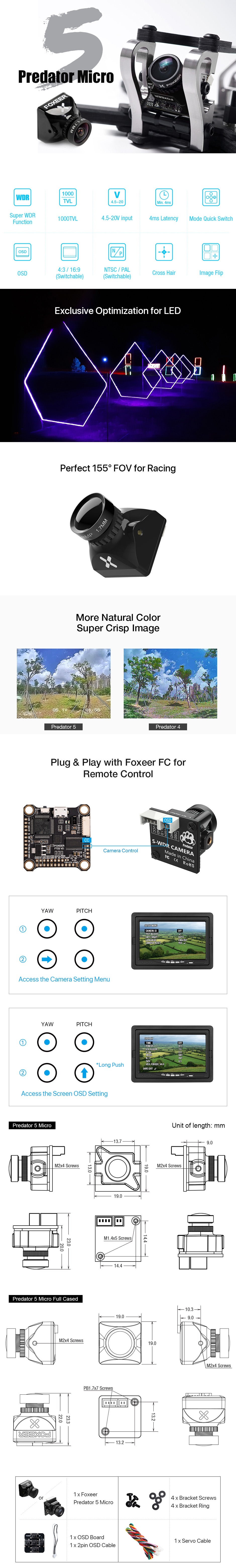 A body image of the Foxeer Predator V5 Micro FPV Camera including specification and image drawings