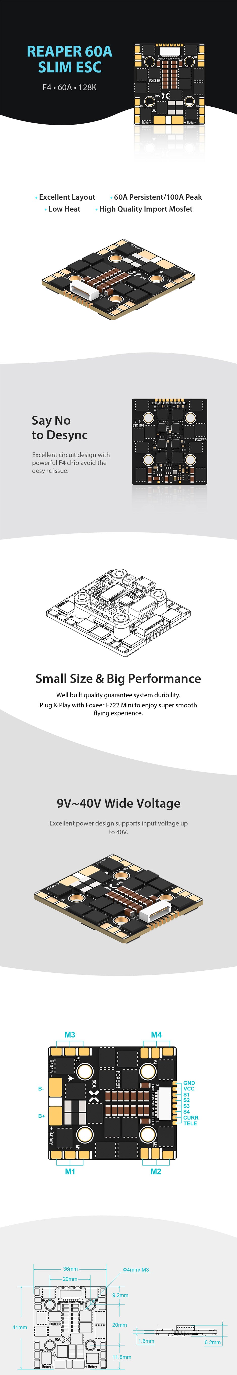 a body image of the Foxeer Reaper F4 Slim Mini ESC with a product diagram