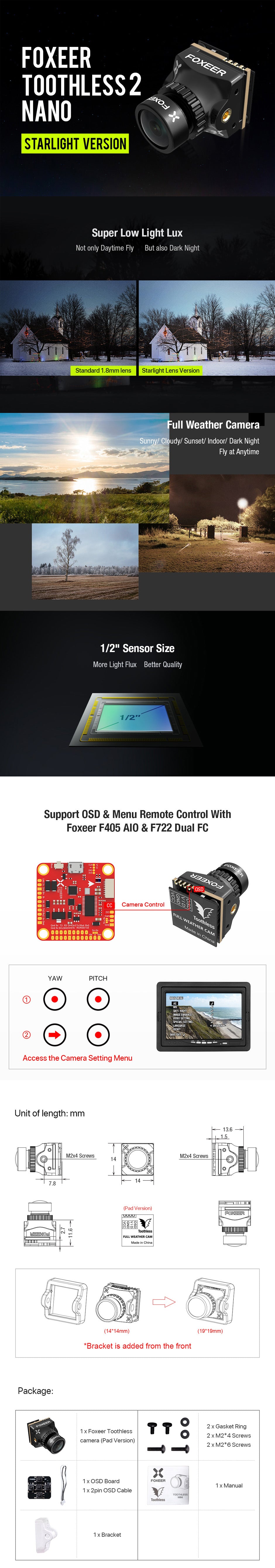 A body image of the Foxeer Nano Toothless FPV Camera including product images