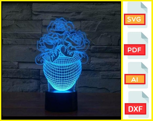 Download Flowers In Vase 3d Illusion Night Lamp 3d Acrylic Lamp Laser Cut Files Getdxf