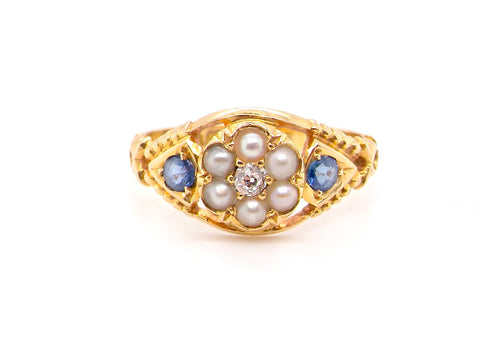 18ct gold antique sapphire, pearl and diamond cluster ring