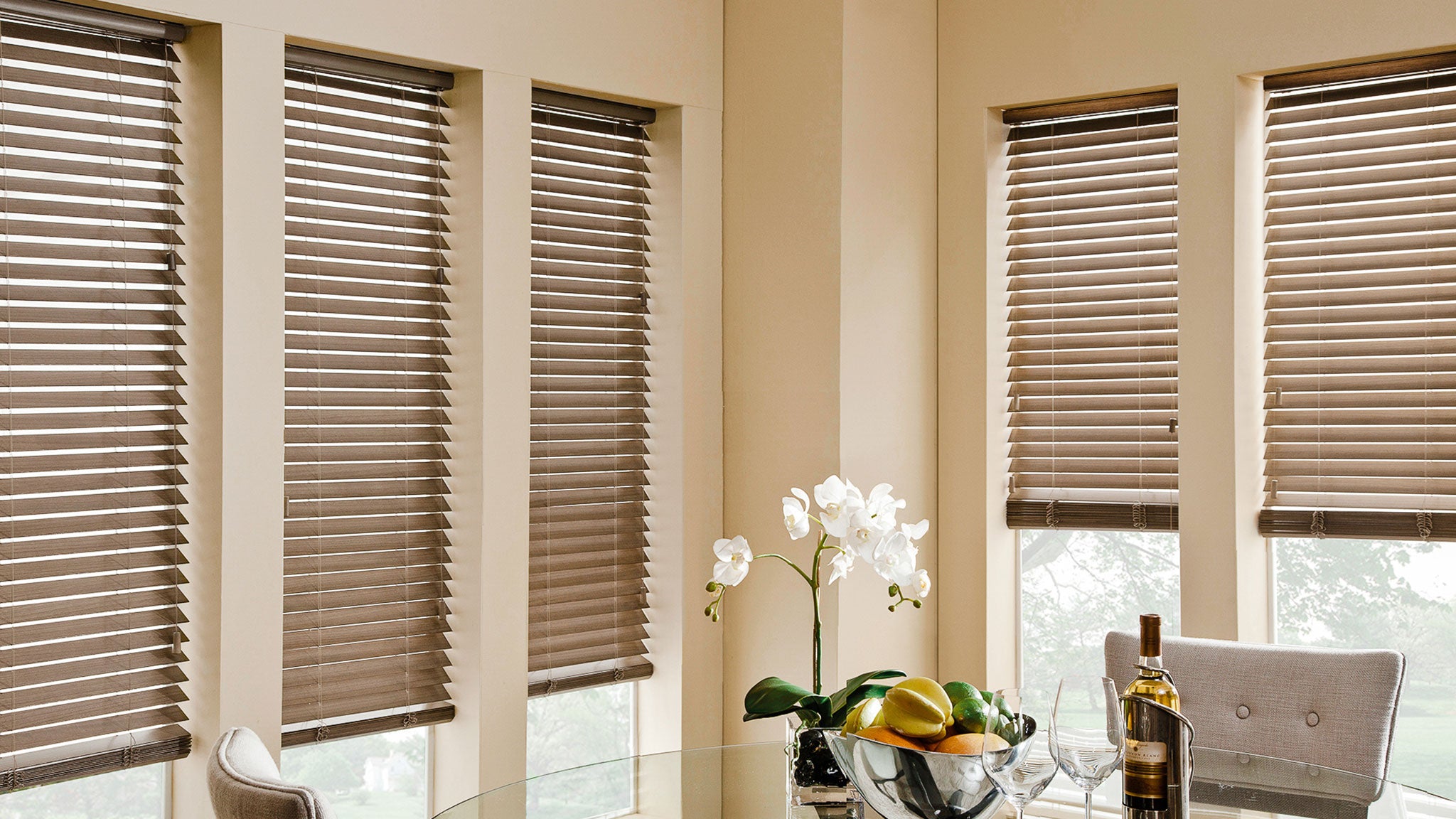 Venetian Timber Blinds In Rustic Grey For Dining Room