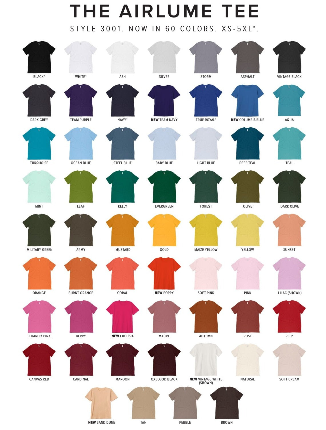 Shirt Colors + Size Chart – Maeve Creations LLC