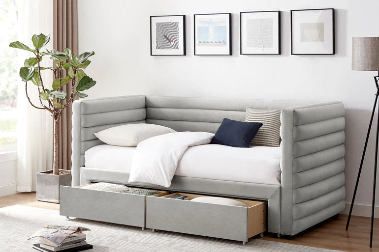 Grey fabric day bed with drawers