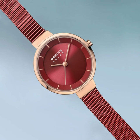 BERING Solar 27mm Polished Rose Gold Red Milanese Strap Women's Watch 14627-363