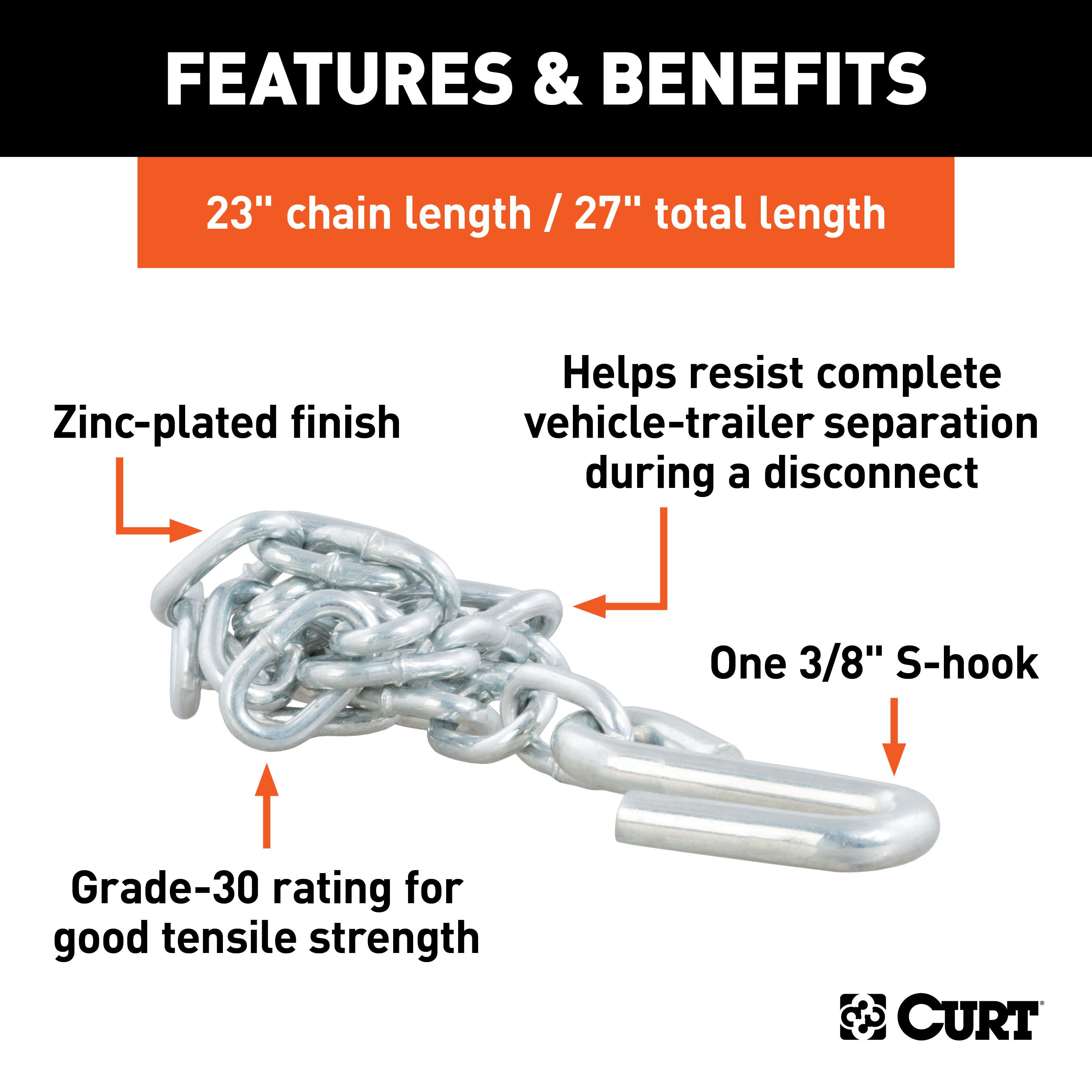 CURT 80020 27in. Safety Chain with 1 S-Hook (2;000 lbs; Clear Zinc) - Truck Part Superstore