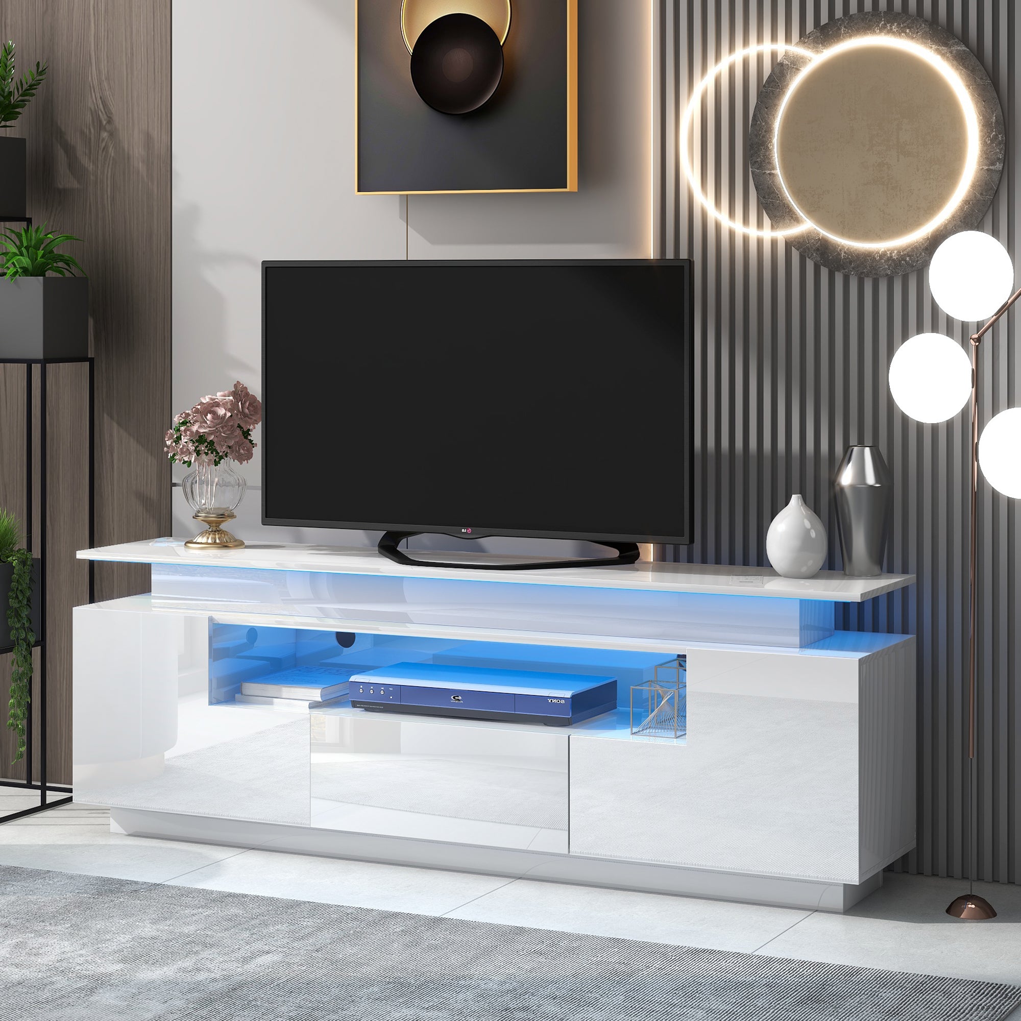 ON-TREND Modern, Stylish Functional TV Stand with Color Changing LED Lights, Universal Entertainment Center, High Gloss TV Cabinet for 75+ inch TV, White