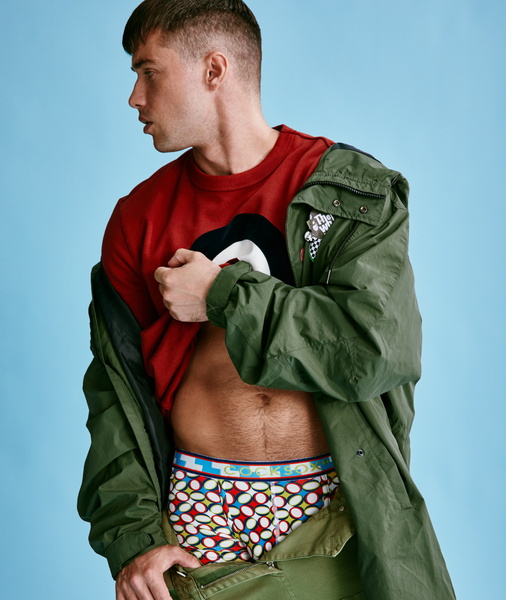 Lifestyle editorial image featuring Cocksox CX94 Mod Collection men's underwear boxer briefs in Carnaby print