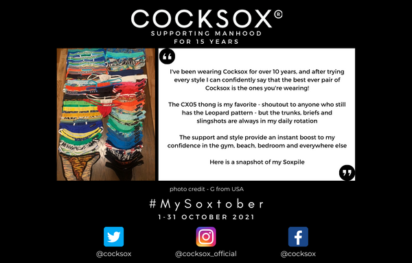 Entry to the 2021 Cocksox #MySoxtober competition featuring multiple underwear and swimwear