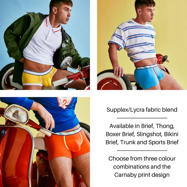 Collage of multiple lifestyle editorial images featuring Cocksox Mod Collection men's underwear