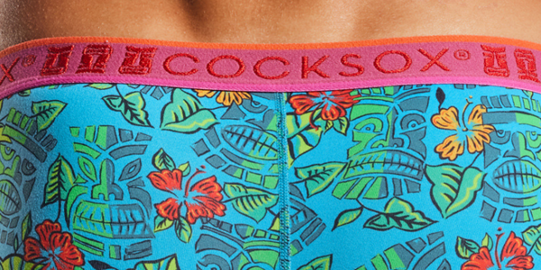 Closeup image of the Cocksox Exotica Collection waistband design and Tiki print