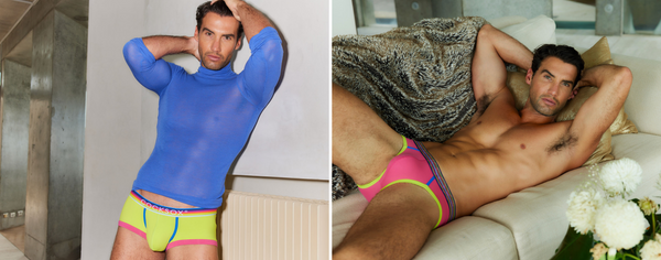 Two lifestyle editorial images featuring Cocksox Unlimited Collection men's underwear trunks and sports briefs