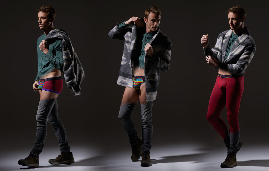 Lifestyle editorial image featuring multiple Cocksox Ecology Collection men's underwear