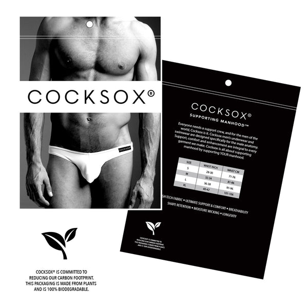 Example of the biodegradable packaging for Cocksox men's underwear and swimwear products
