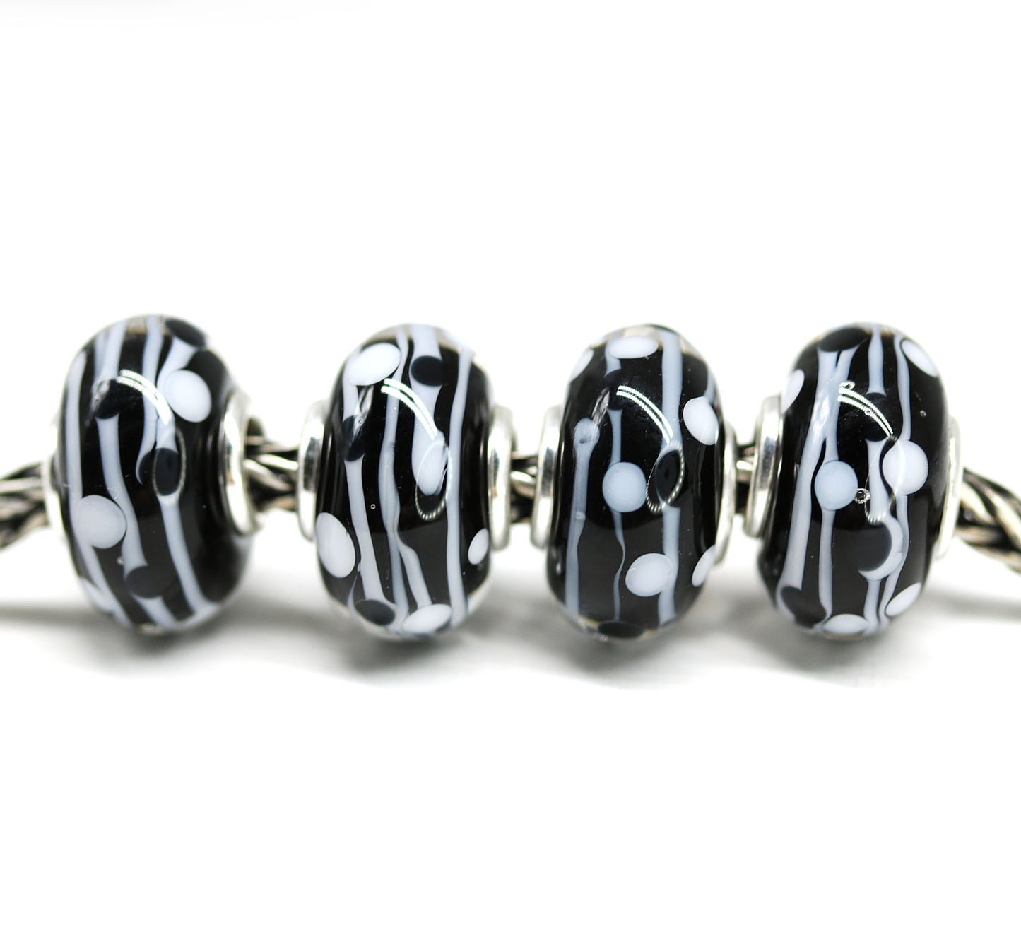 Pandora style bracelet beads black and white dots Murano glass bead